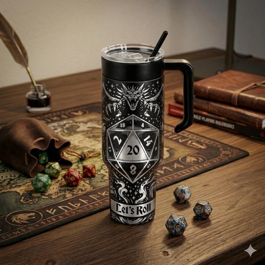 Laser-engraved Let’s Roll D20 tumbler on a wooden desk with dice and rulebooks